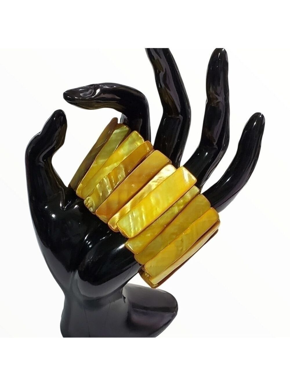 Vtg burnt orange yellow natural Sea Shell Mother of Pearl stretch Bracelet